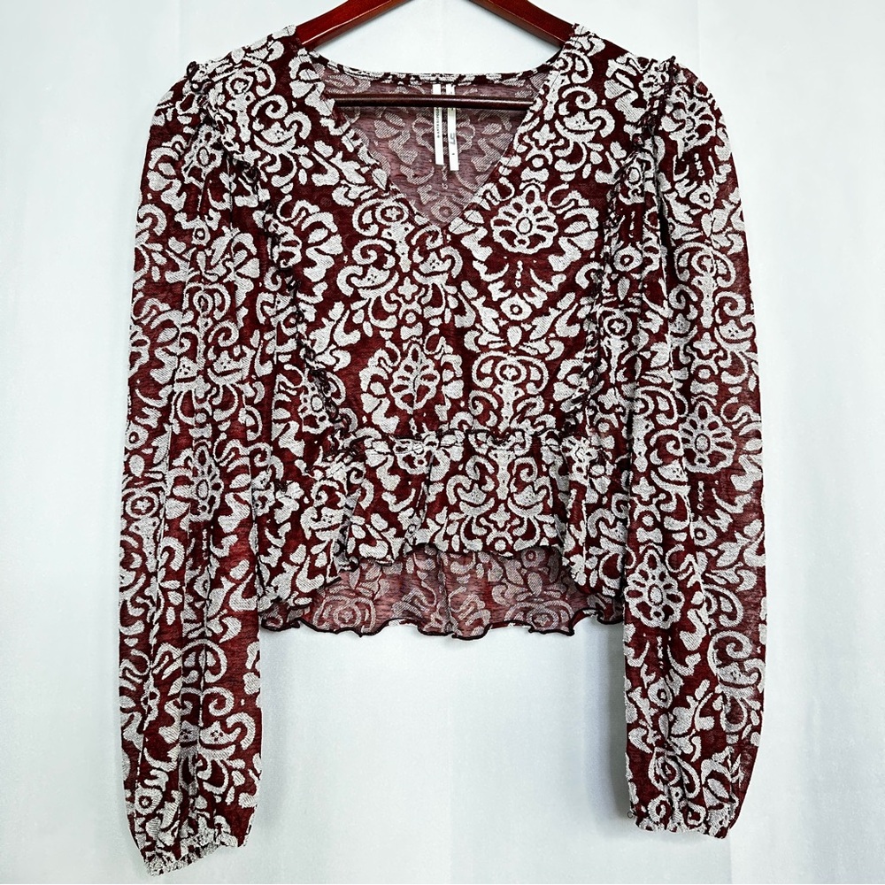 Anthropologie Jacquard Peasant Blouse Sheer Cropped Long Sleeve Peplum Women's